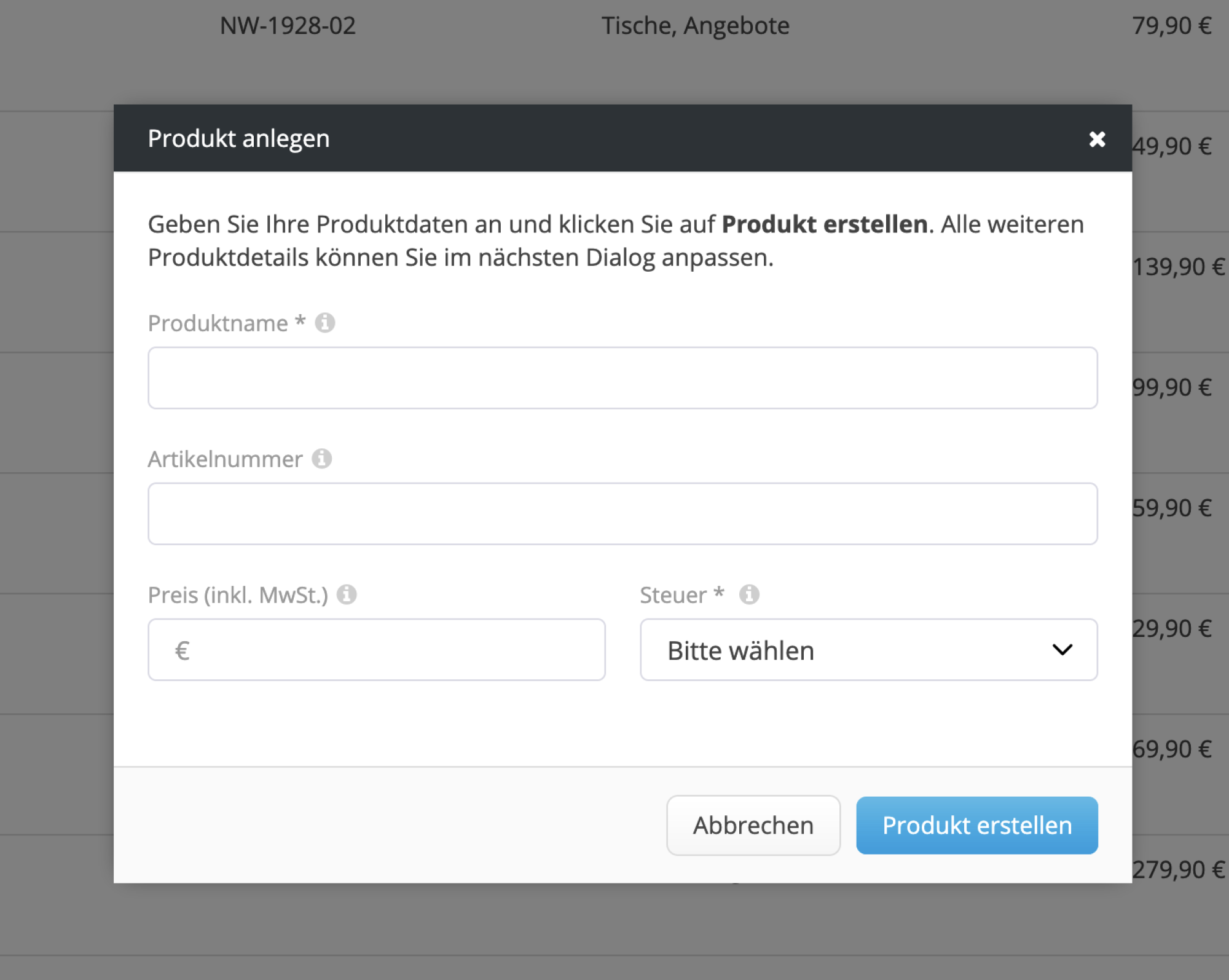 Dialogfeld um ein Produkt zu erstellen