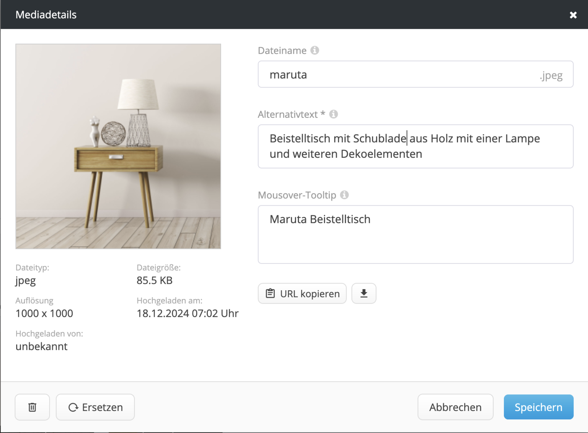 Screenshot vom Feld um Alternativ Text und Bildbeschreibung einzugeben