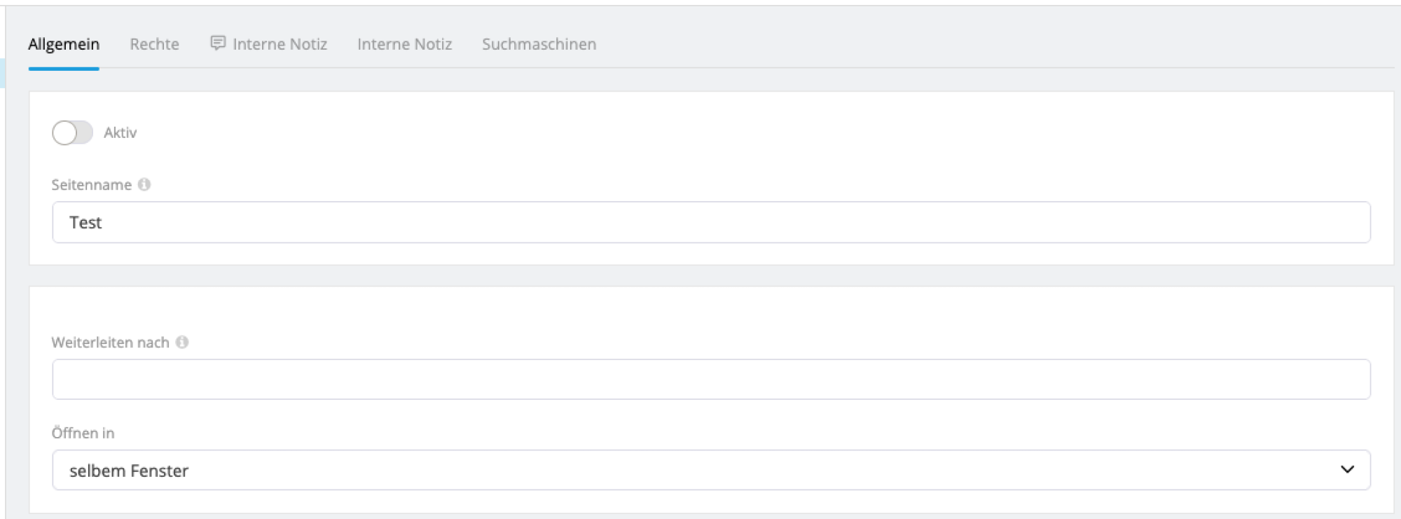 Einstellungen Seitentyp Weiterleitung