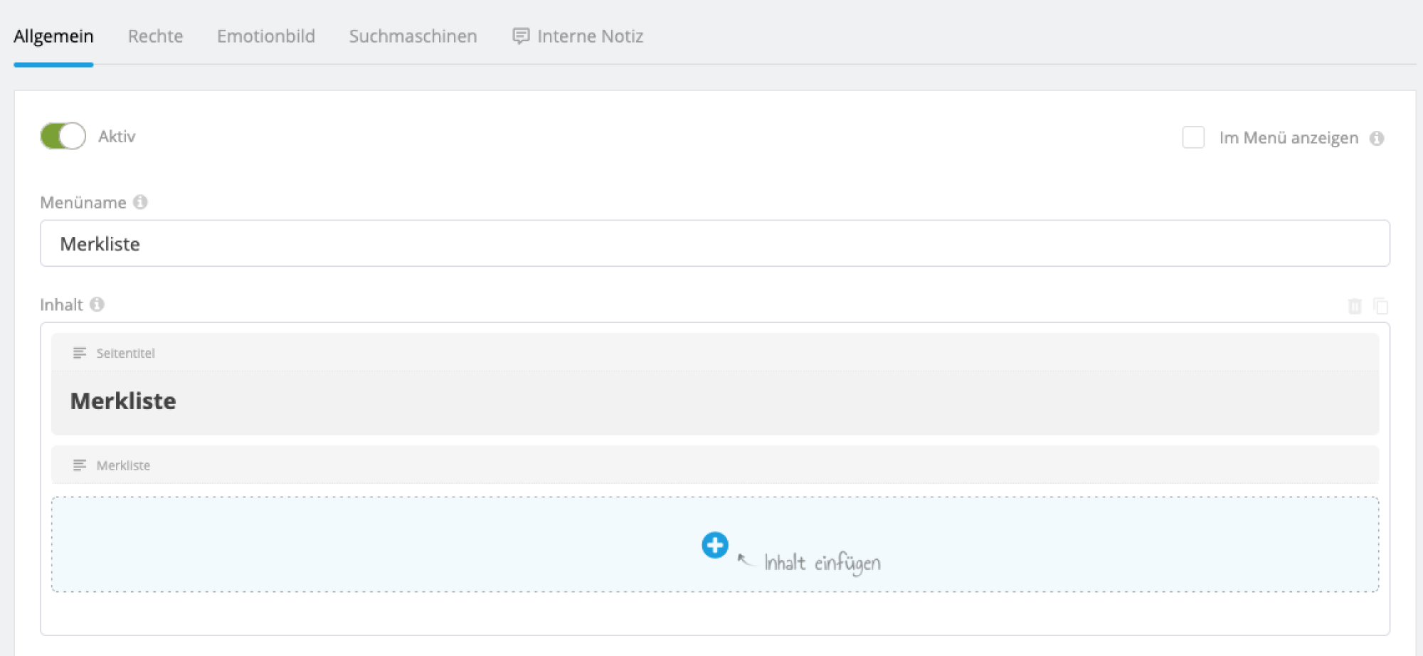 Neue Seite Inhaltsblöcke der Seite