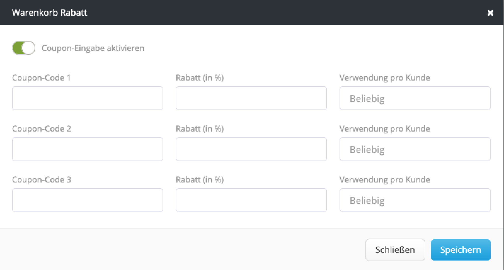 Einstellungen Rabattcodes