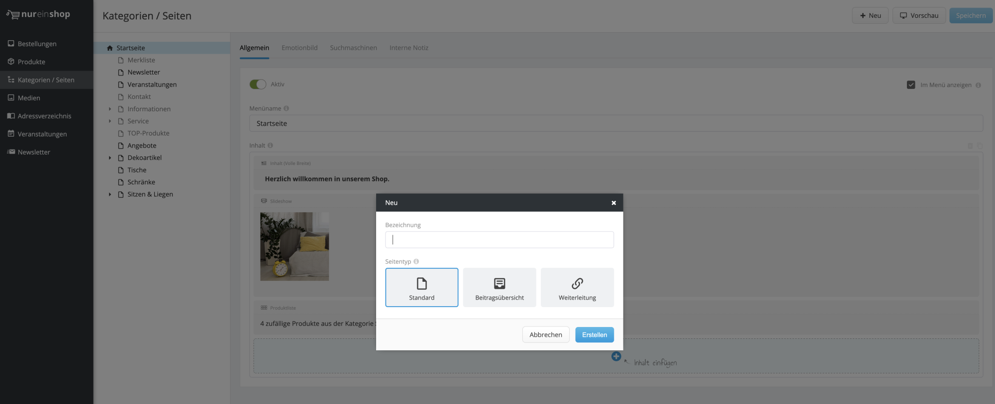 Screenshot Seite anlegen