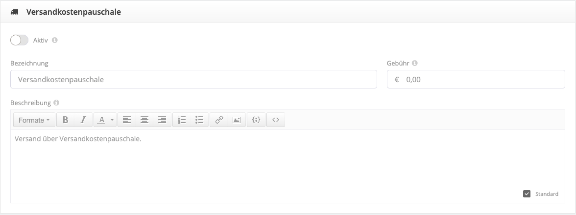 Einstellungen der Versandkostenpauschale Einstellungen der Versandkostenpauschale