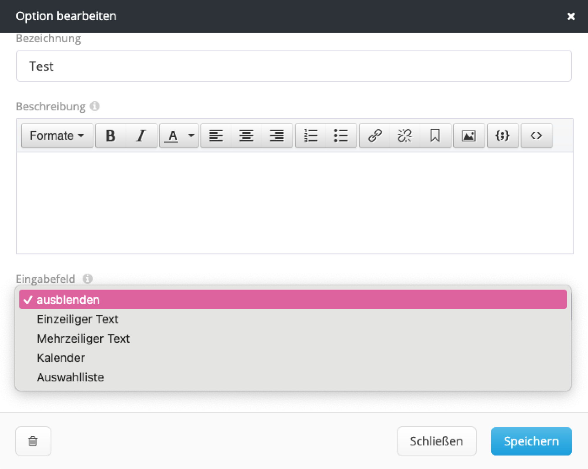 Auswahlmöglichkeiten der Eingabefelder