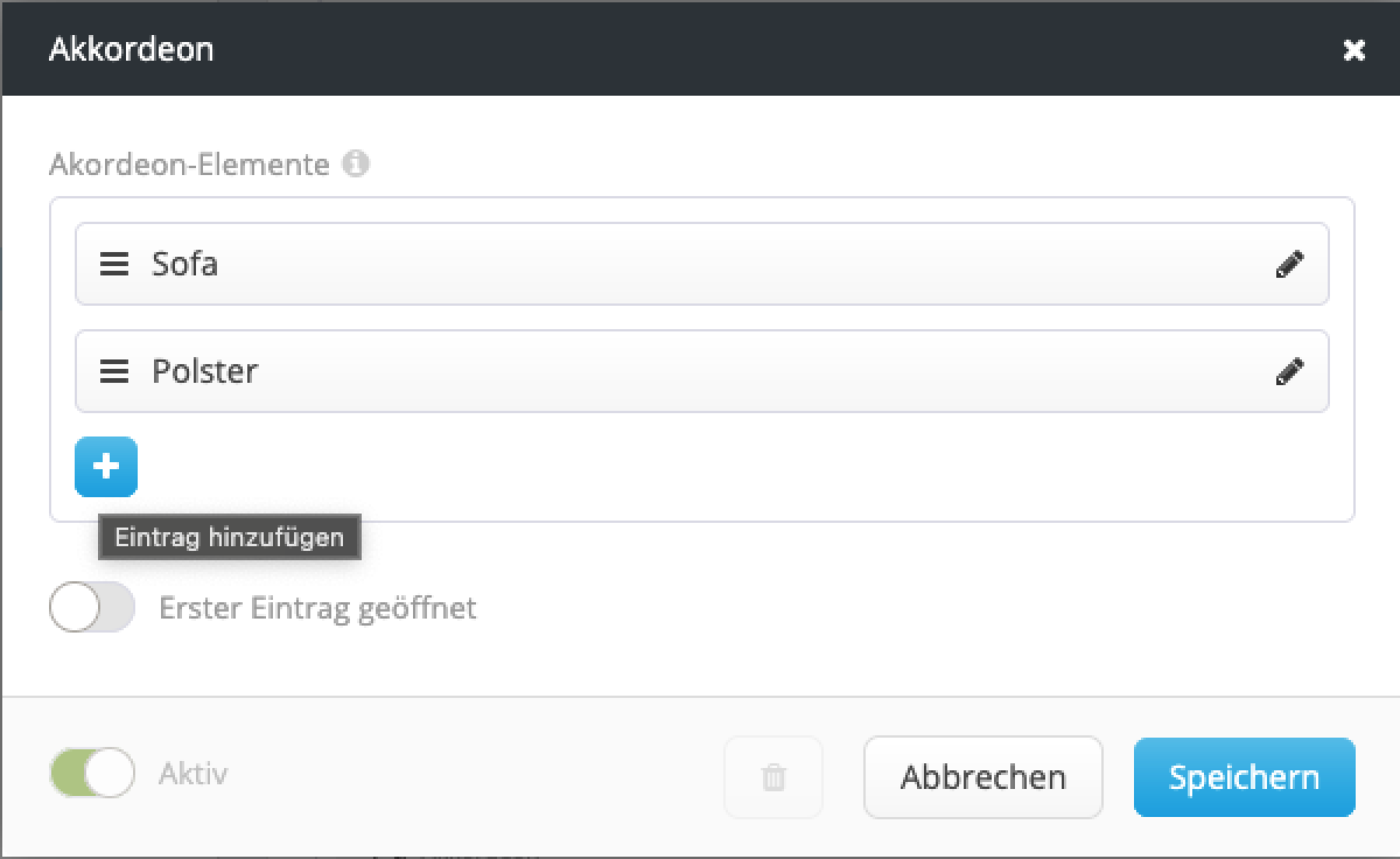 Editorfeld in einem Akkordeon