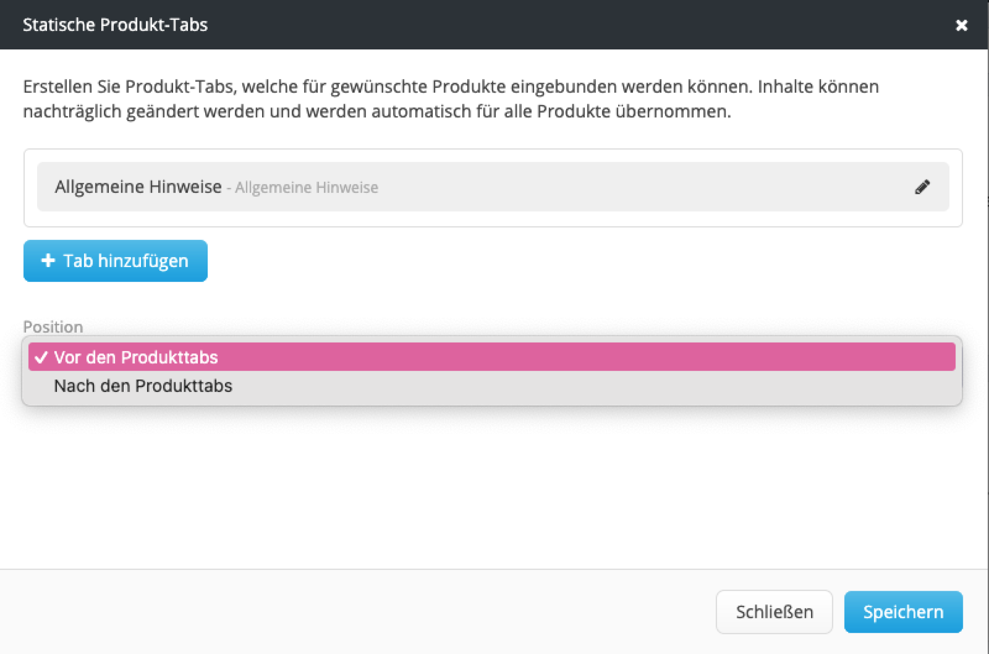 Eintellungen der Produkttabs Eintellungen der Produkttabs