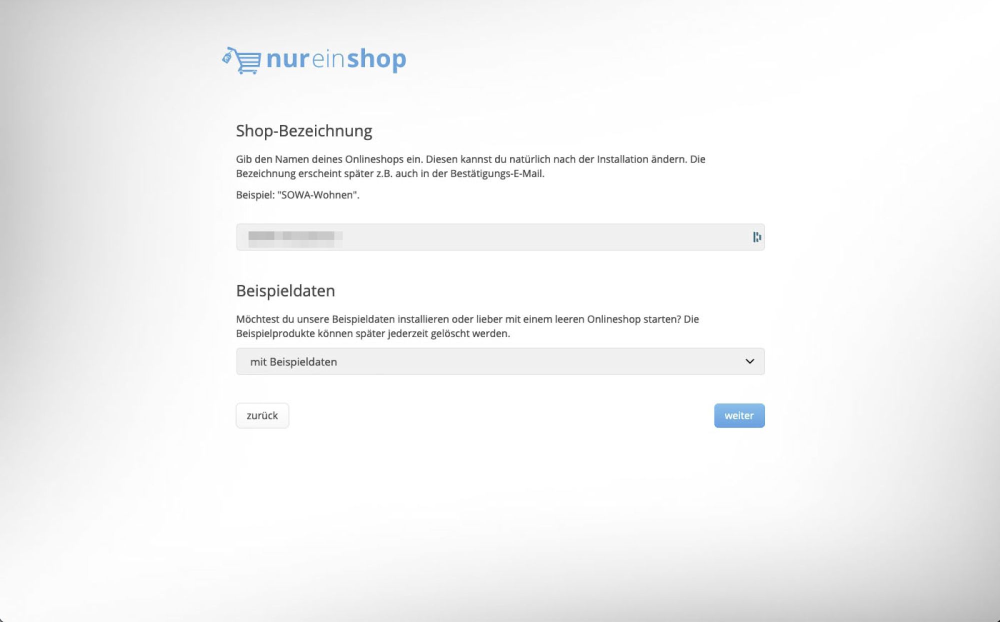 Screenshot von Shop-Bezeichnung und Beispiel-Daten