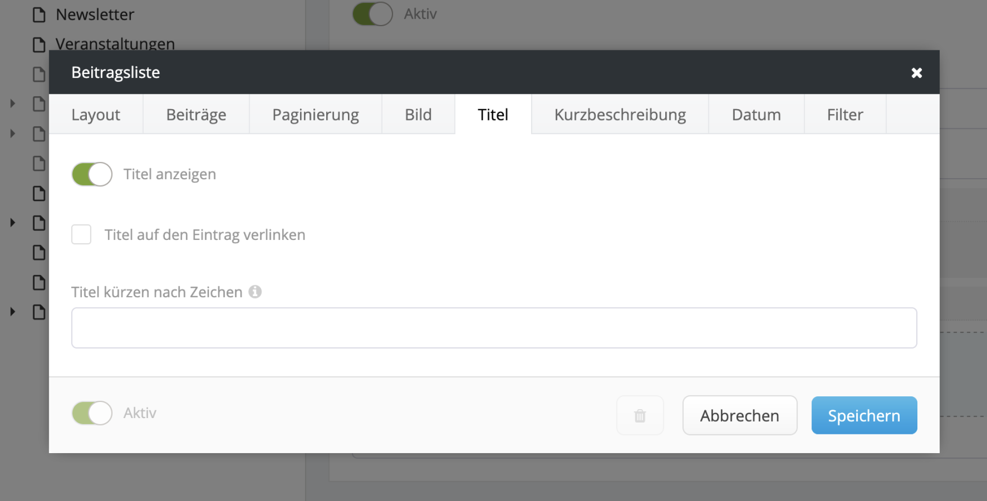 Screenshot Beitragslisten Titeleinstellungen