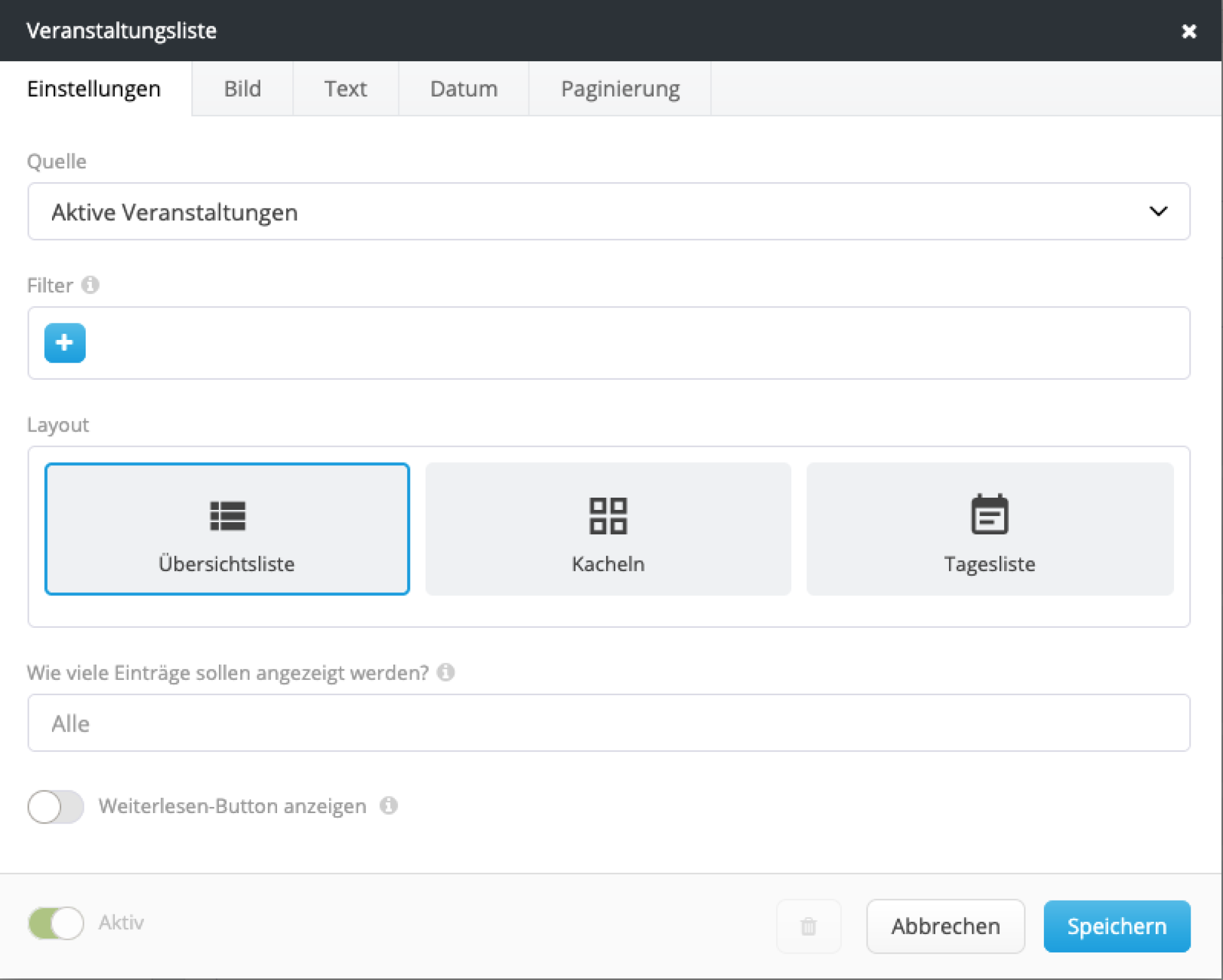 Einstellungen der Veranstaltlungsliste Einstellungen der Veranstaltlungsliste