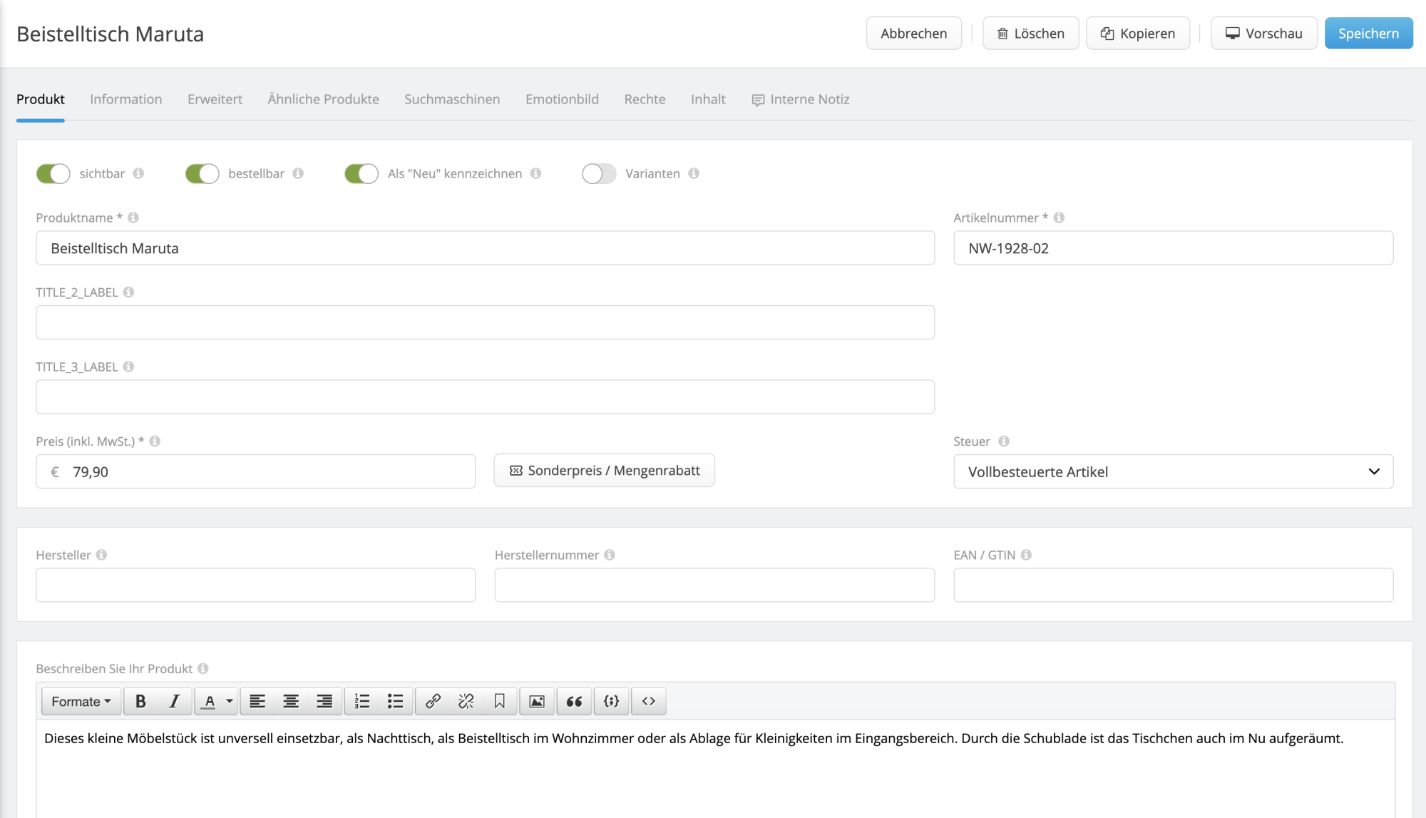 Screenshot Produktinfos