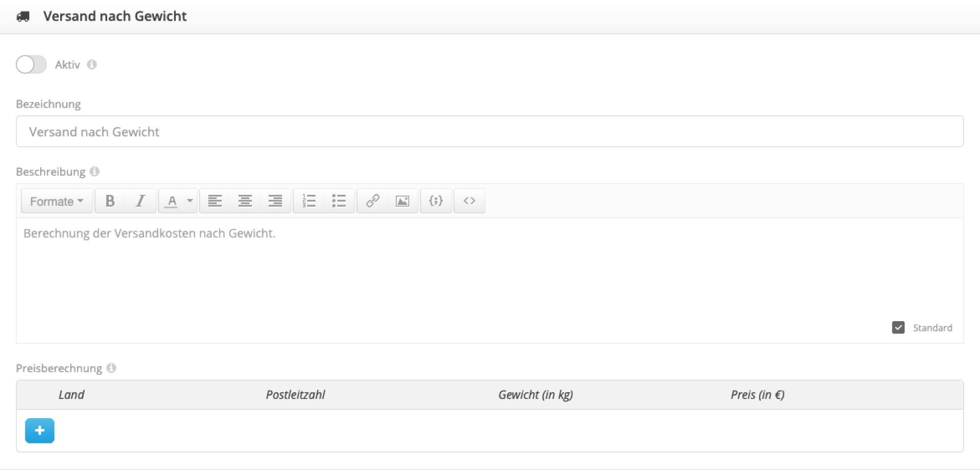 Eingabefeld Gewichtseinstellung