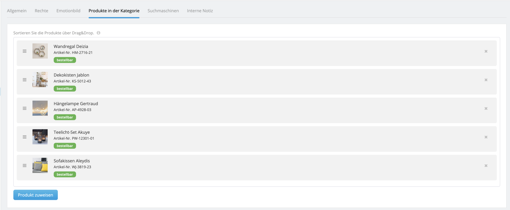 Screenshot Produkte in der Kategorie