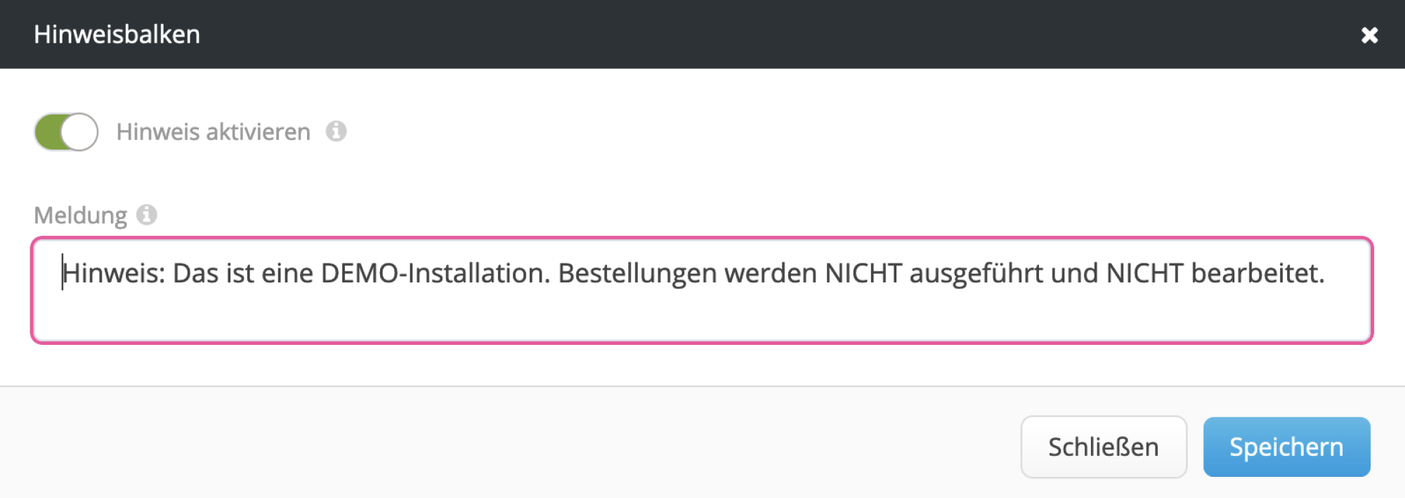 Hinweistext und Aktivierungsmöglichkeit innerhalb des Plug-Ins