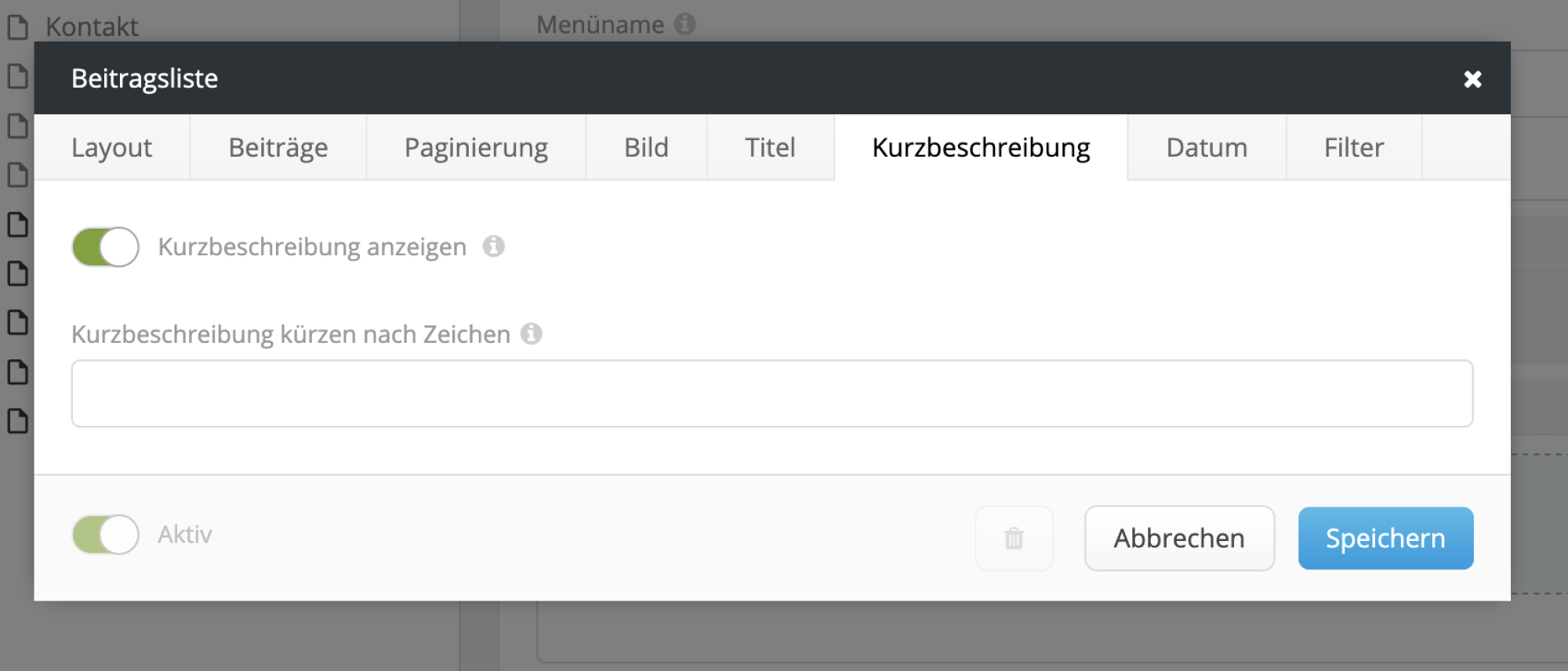 Screenshot Beitragslisten Kurzbeschreibungen