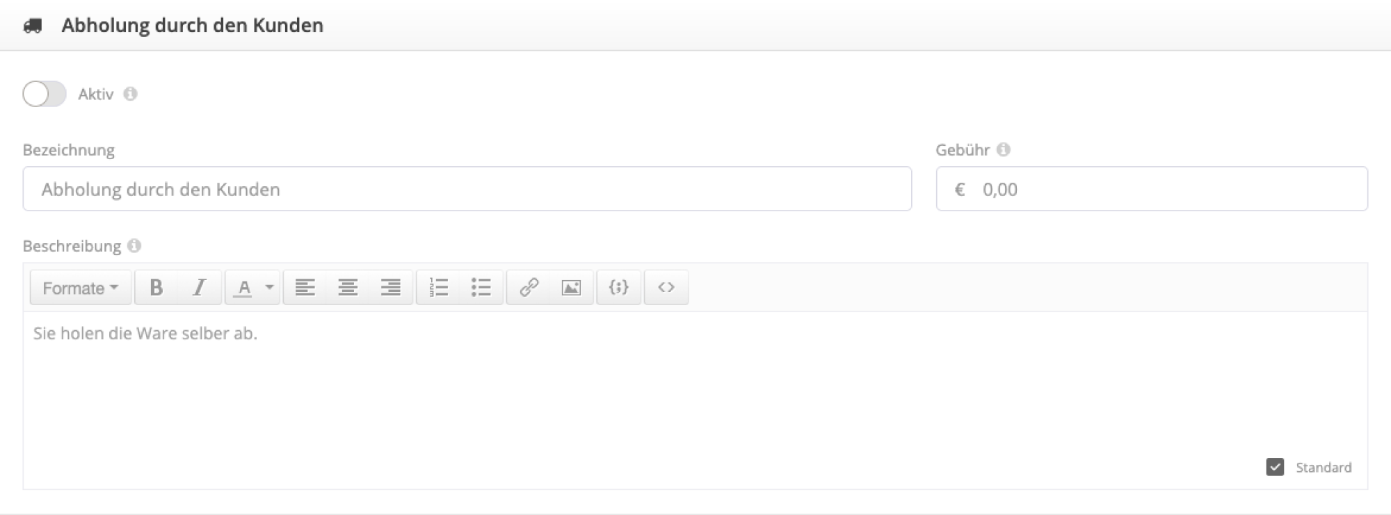 Einstellungen Abholung durch Kunden Plugin