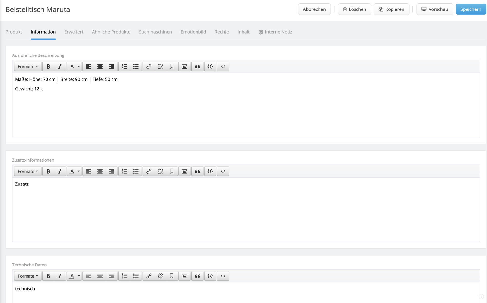 Screenshot vom Reiter Informationen