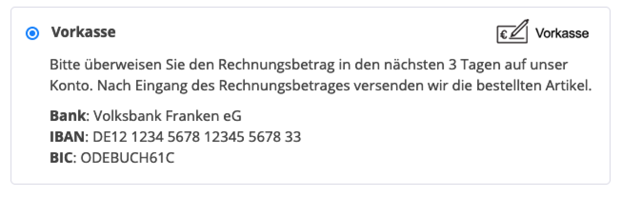 Anzeige der Auswahloption Vorkasse